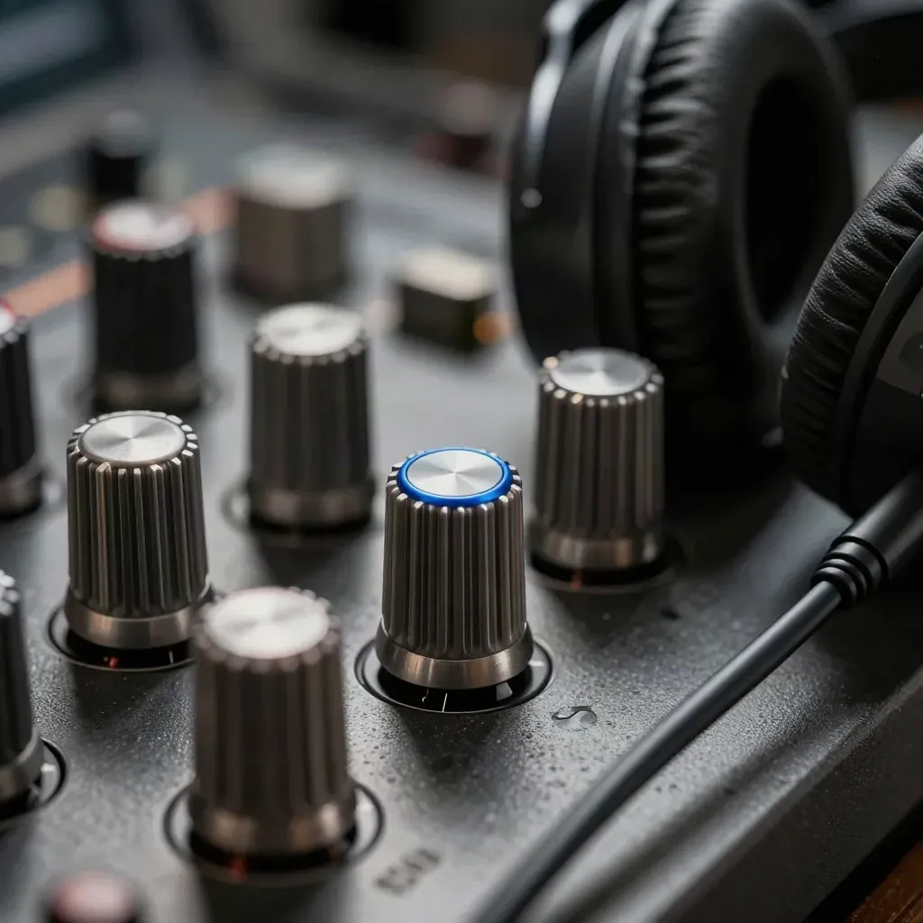 Macro still life of audio knobs, braided cable loop, and headphone yoke on dark concrete.