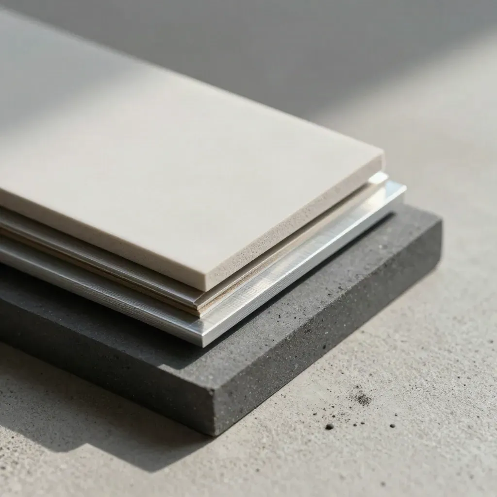 Overhead macro of ceramic chips, aluminum slivers and a graphite block on pale concrete