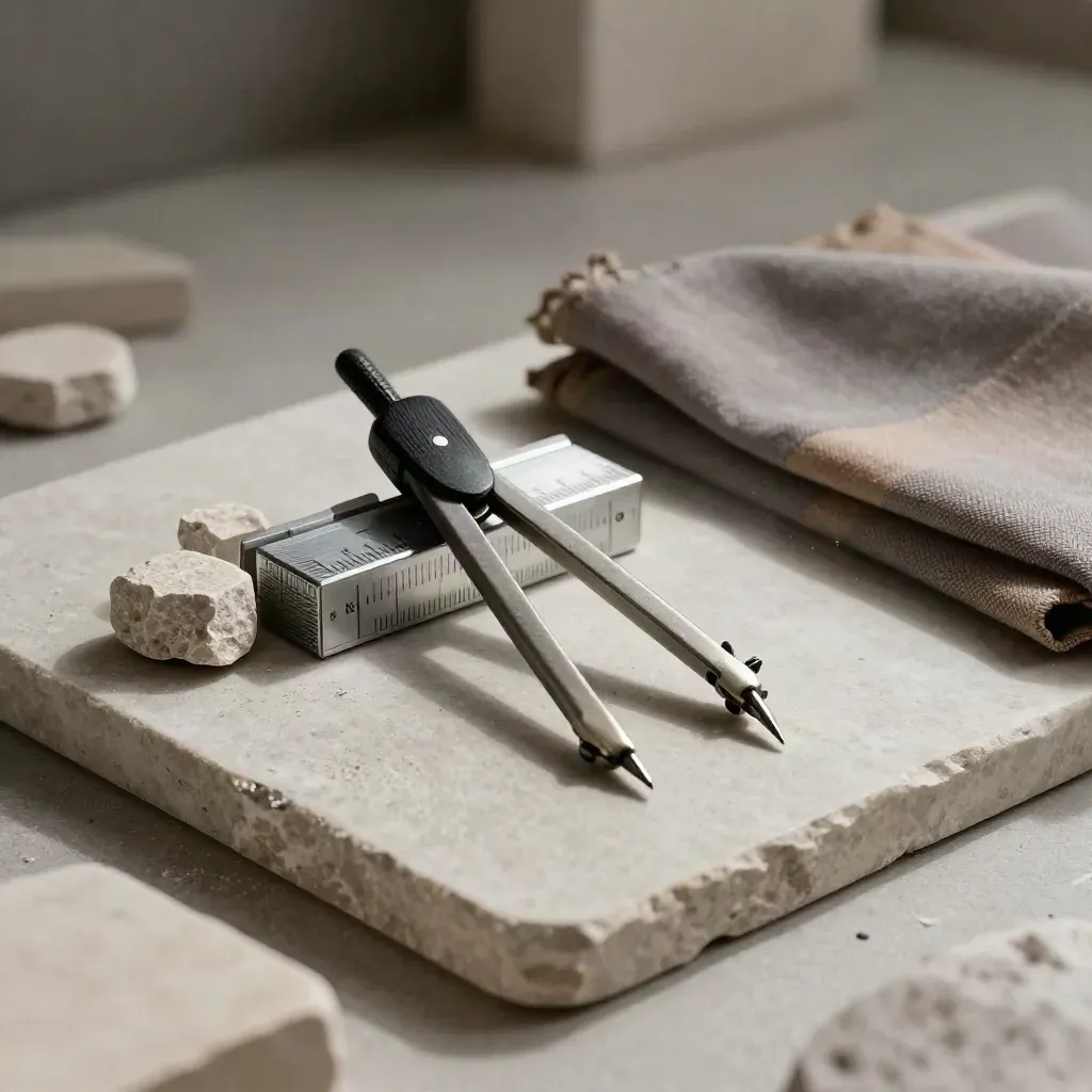 Architecture client materials arranged on brushed stone with dramatic studio light.