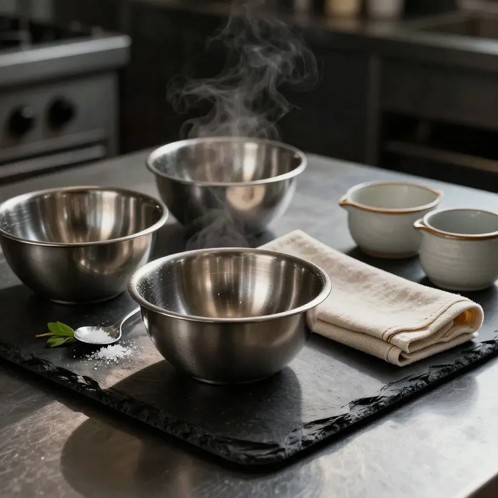 Chef mise en place on slate with stainless bowls, linen towel, and pinch pot