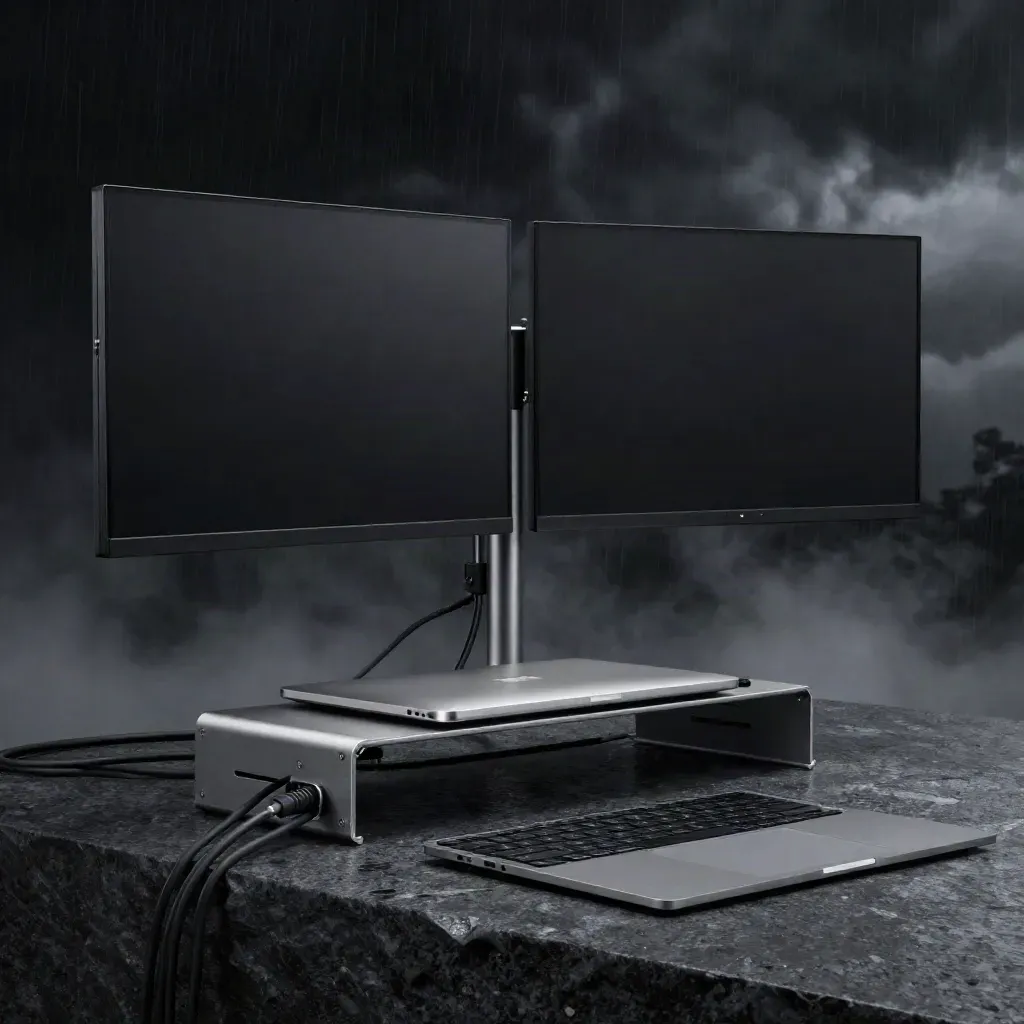 Matte-black display arms, closed silver MacBook, dock, keyboard and trackpad on dark stone.