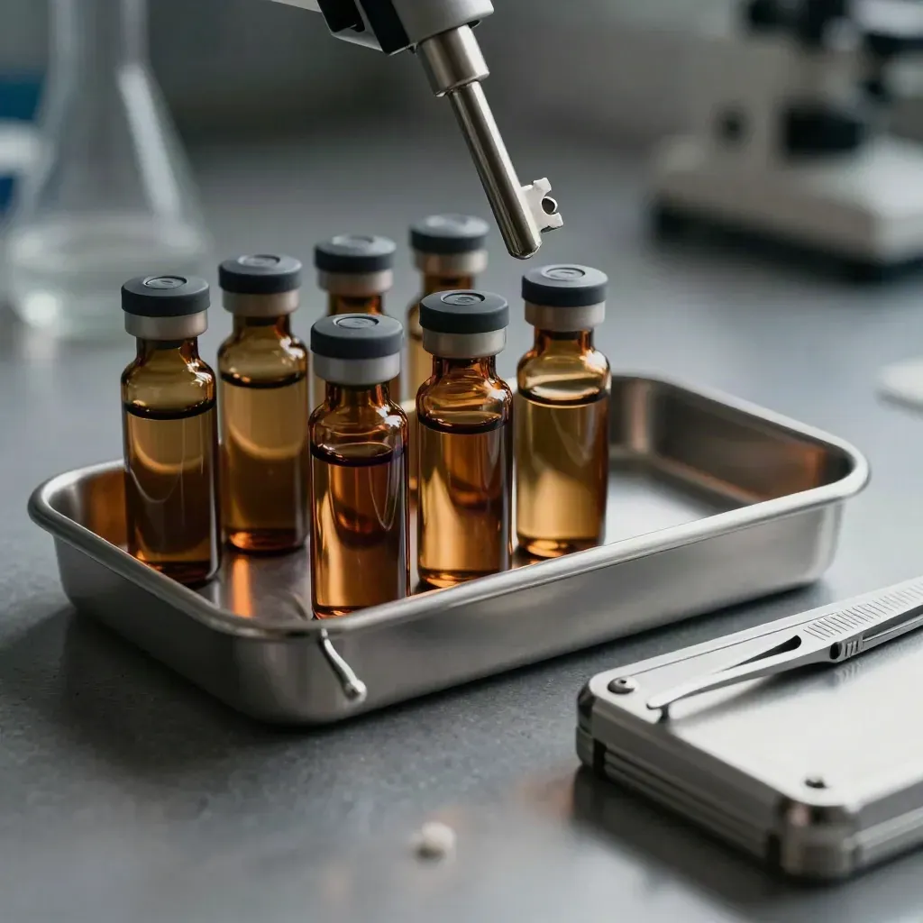Amber vials, specimen tray, tweezers, and a machined case on brushed stone.