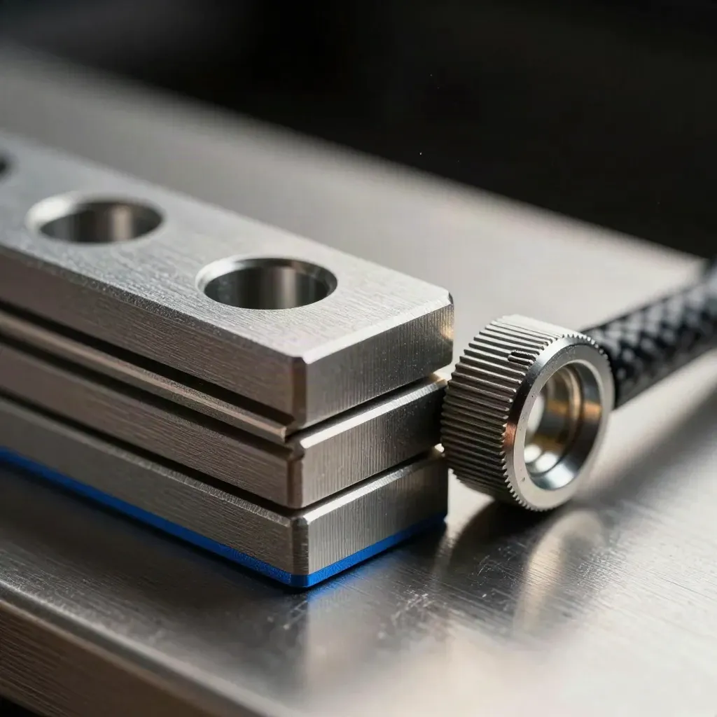 Macro hardware still life of anodized spacers, knurled fastener and carbon-fiber sleeve on brushed metal.