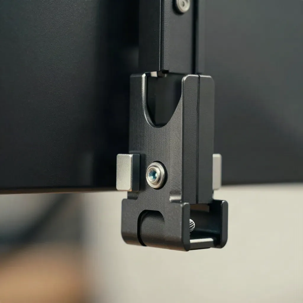 Extreme macro of a matte-black monitor arm clamp with two aluminum stop blocks on brushed steel.