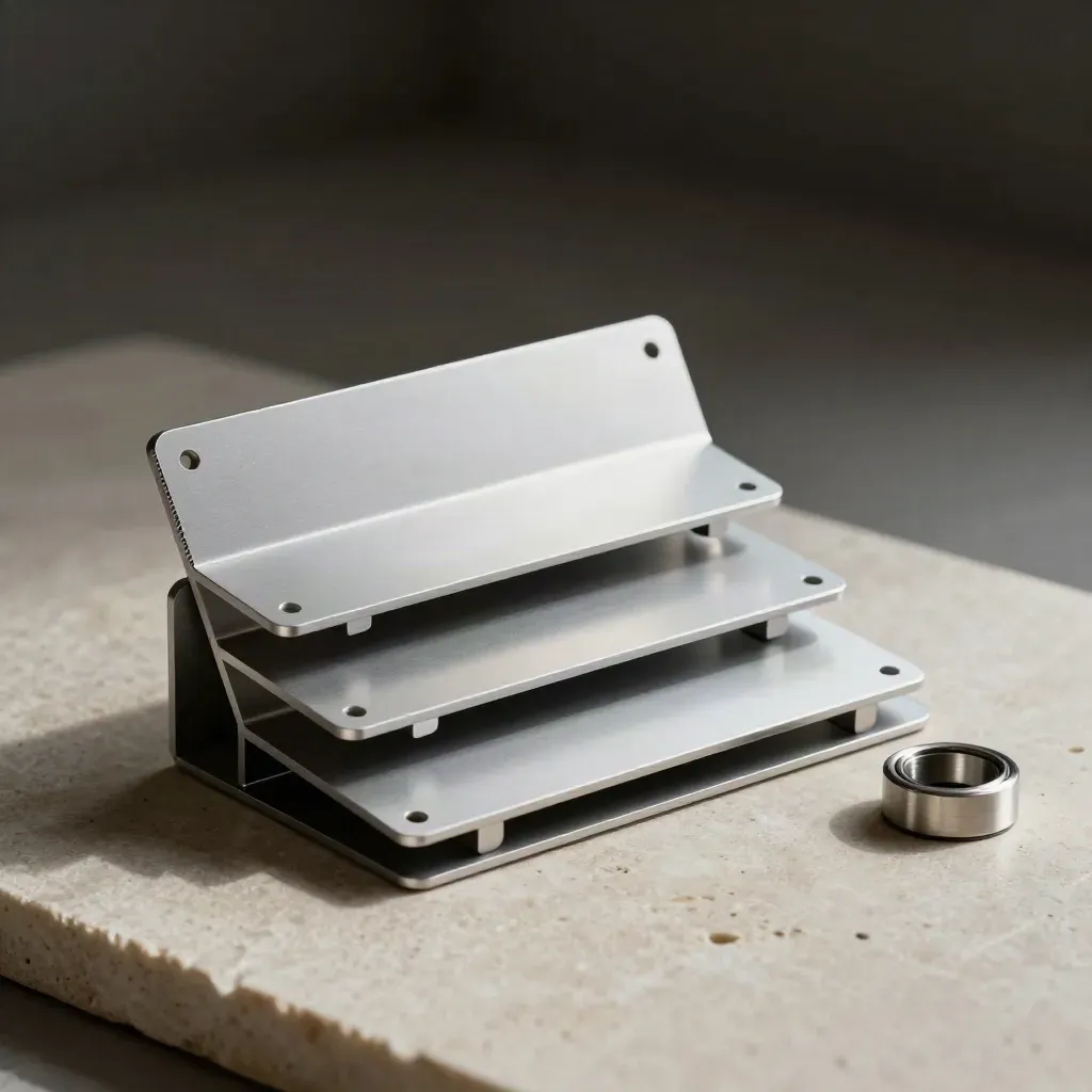 Three anodized aluminum preset plates, spacer ring, and magnetic puck on pale stone.