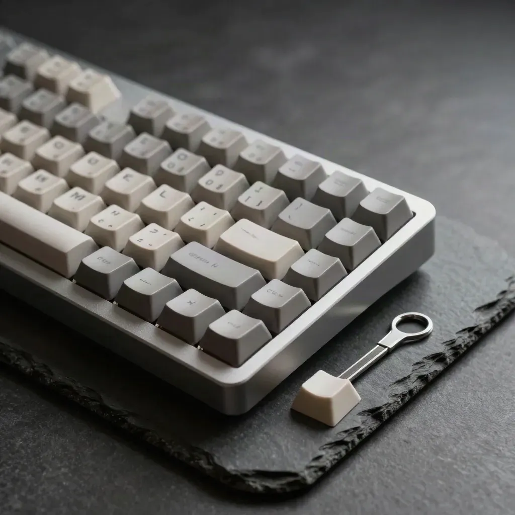 Blank-keycap aluminum keyboard with spare keycaps and a keycap puller on graphite stone.
