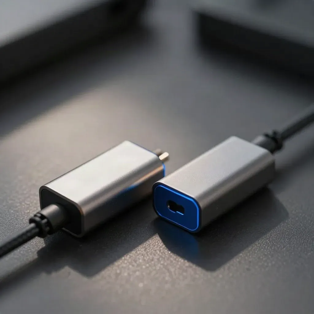 Two mirrored display adapters linked by a braided cable on a graphite surface