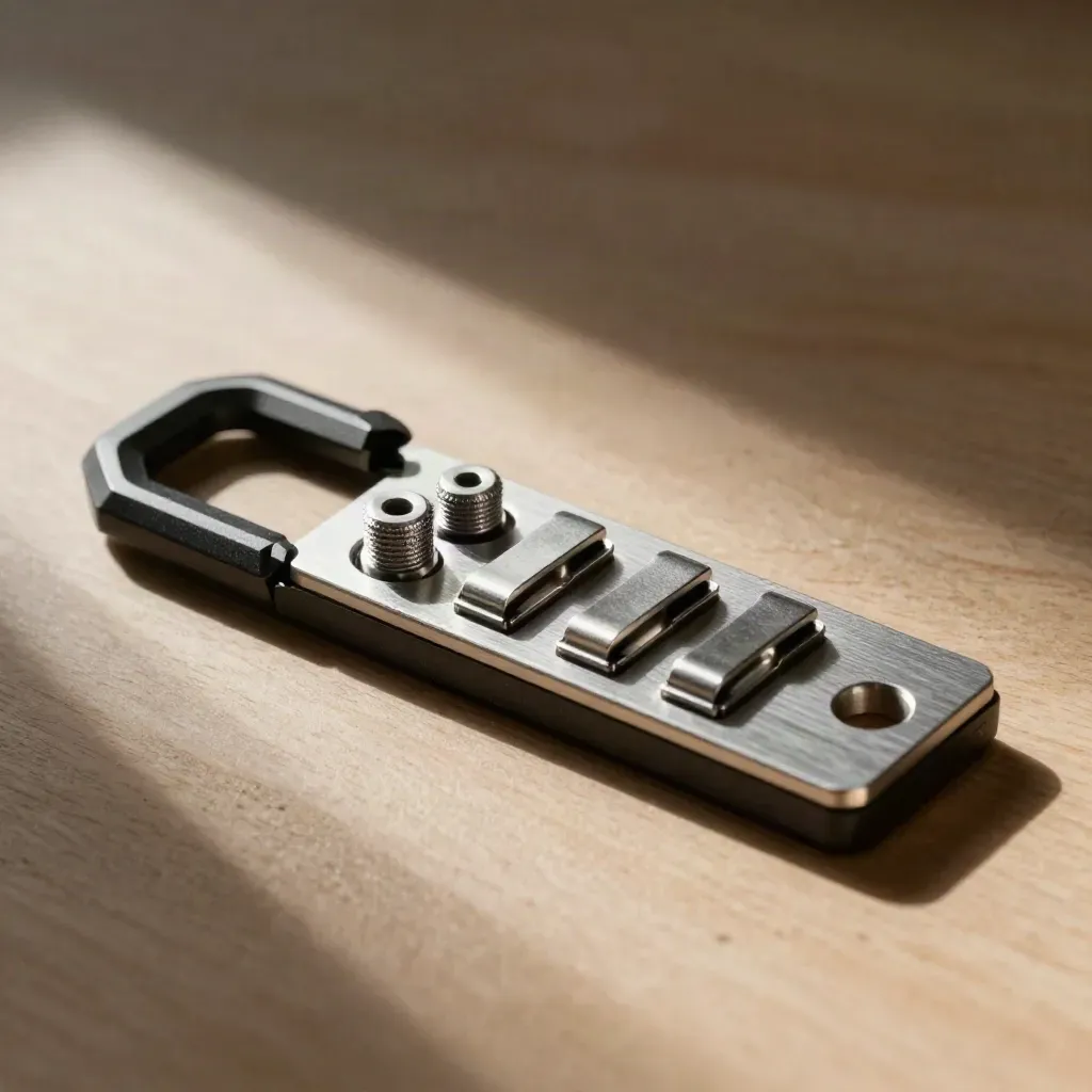 Flatlay of hex key, thumb screws, cable clips, and spacer tray on pale wood.
