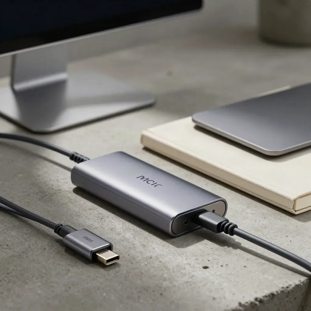 Aluminum hub, cable comb, trackpad, and closed notebook on concrete with soft bokeh.