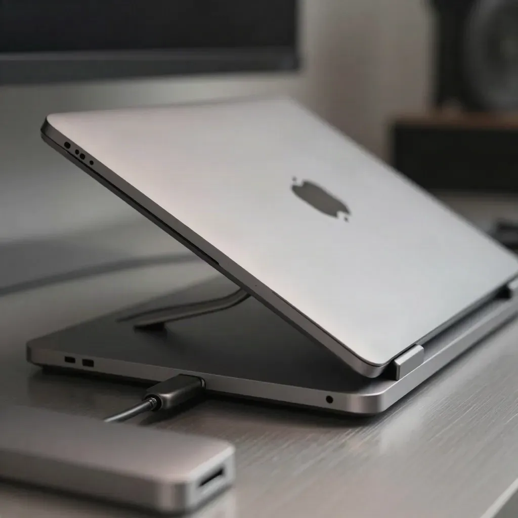 Closed silver MacBook on tall riser, seen through blurred clamp and cable loom
