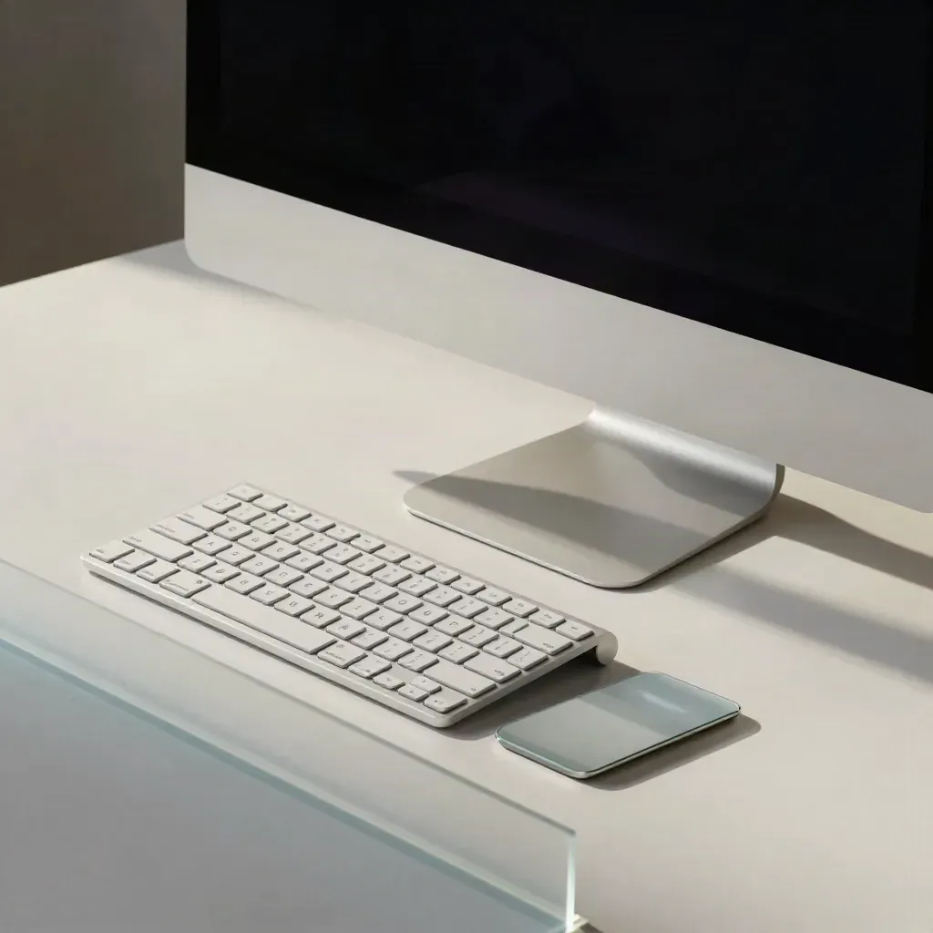 Macro still life of Mac Dual desk hardware through frosted acrylic on brushed metal.