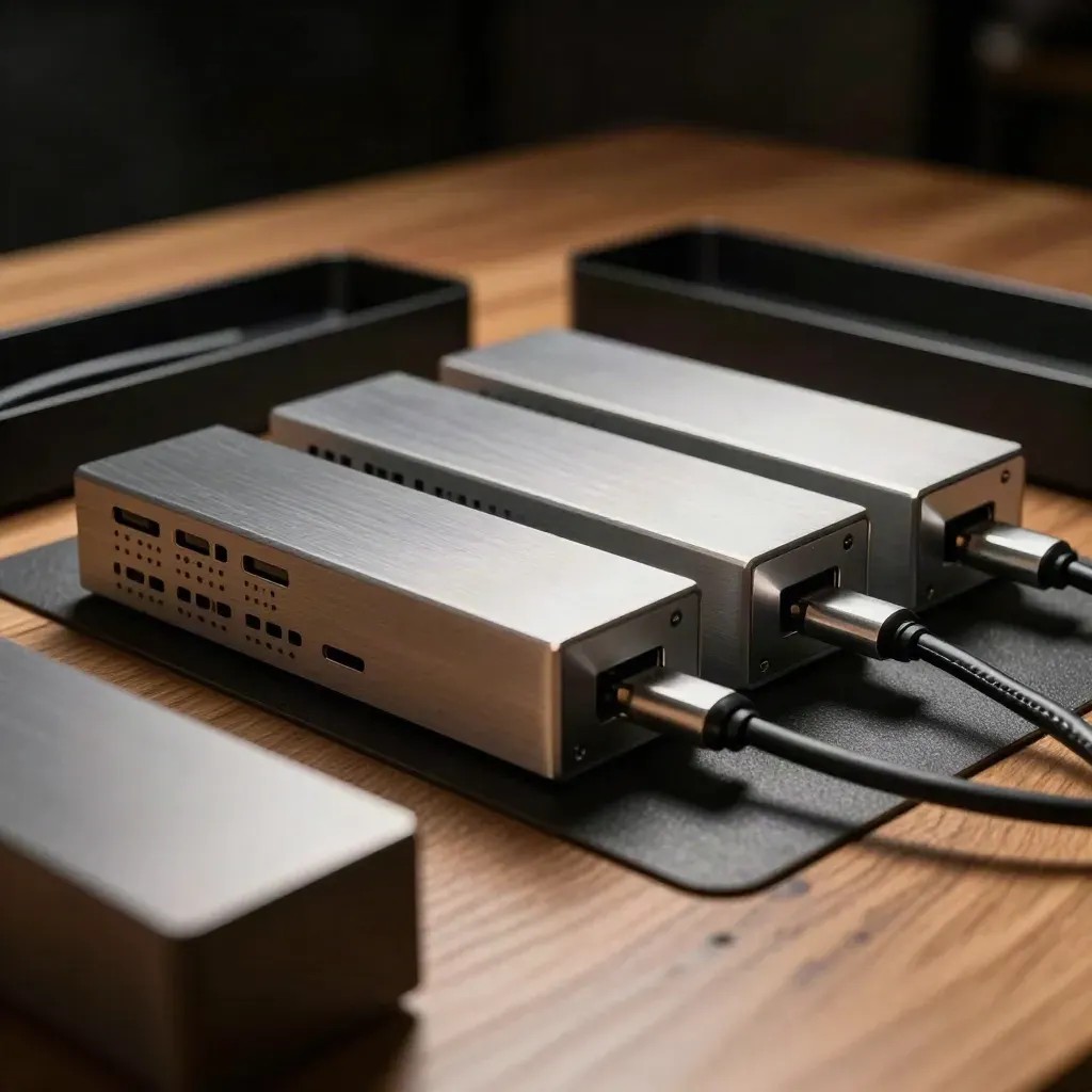 Three brushed-aluminum docks, cable tray, and stacked risers on oak, seen through a blurred foreground block.
