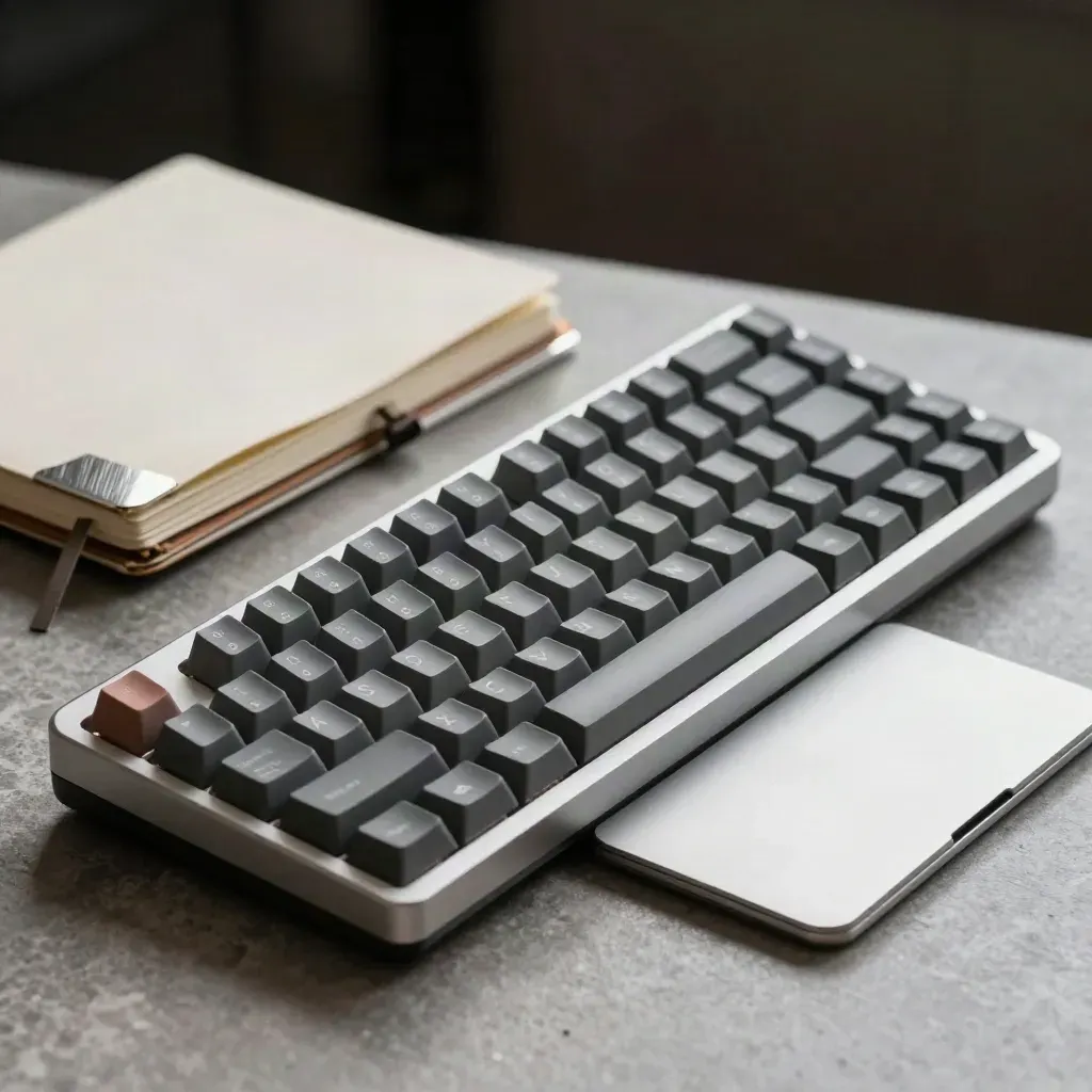Macro still life of a keyboard, trackpad, and closed notebook on cool stone.