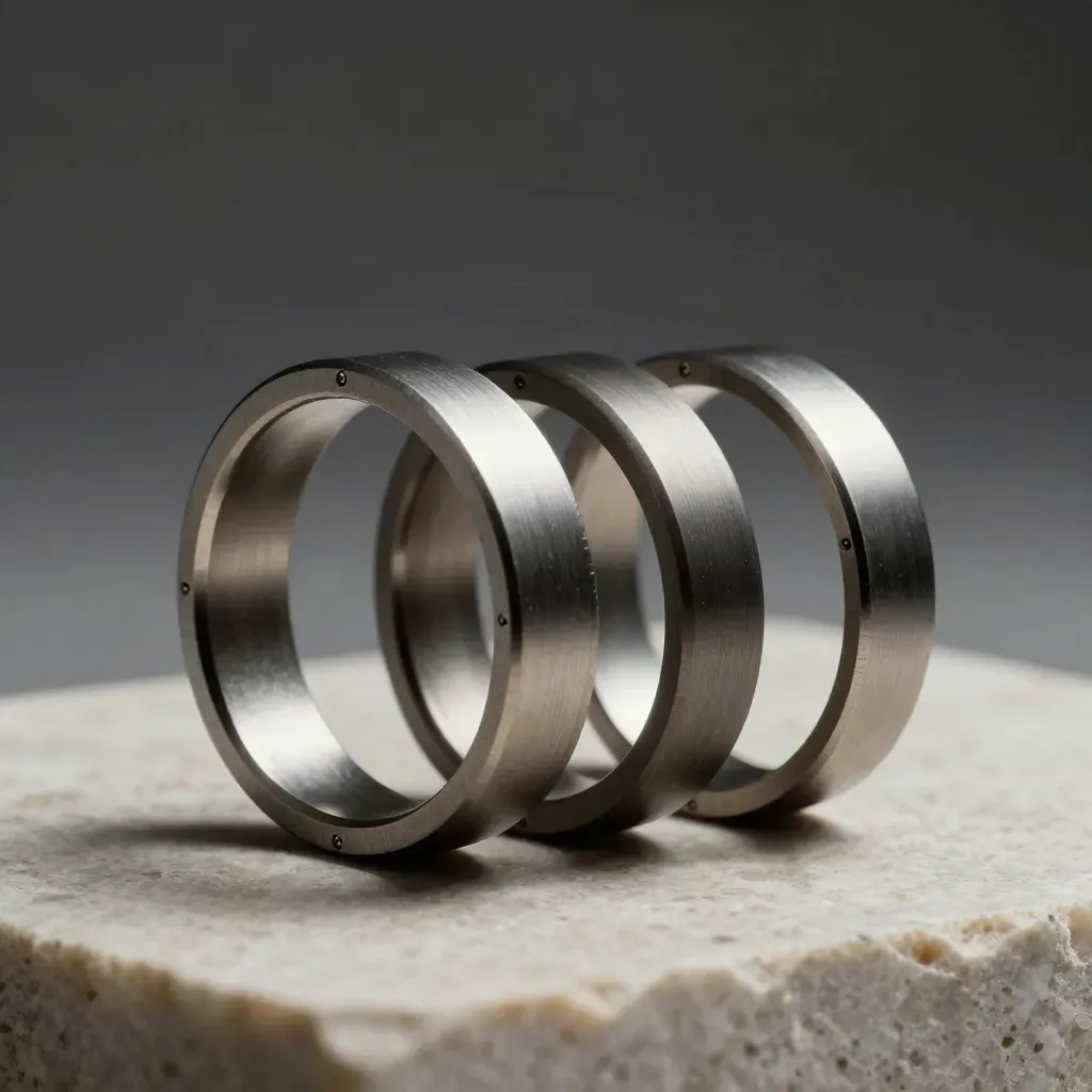 Metal rings, connector, and modular blocks on stone under dramatic light