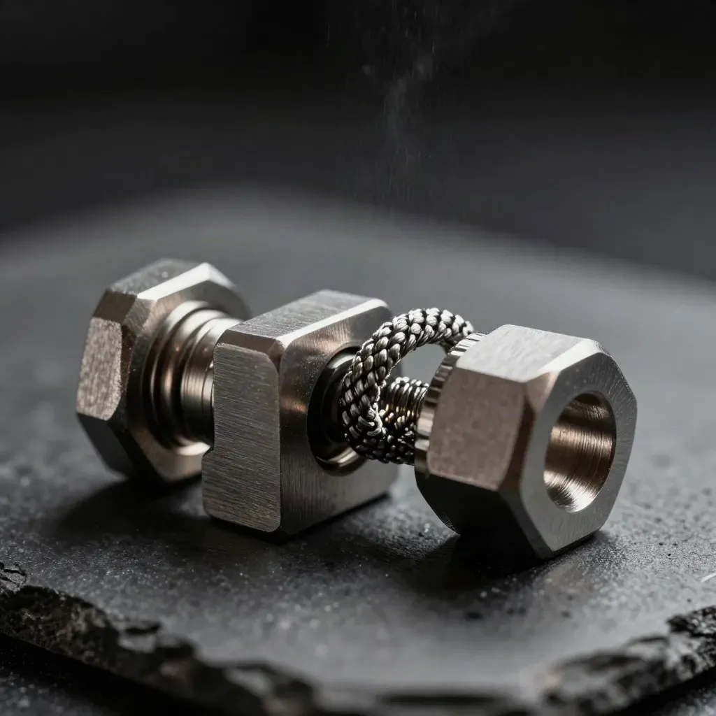Matte steel brackets, hex spacers, and a braided adapter loop in extreme macro