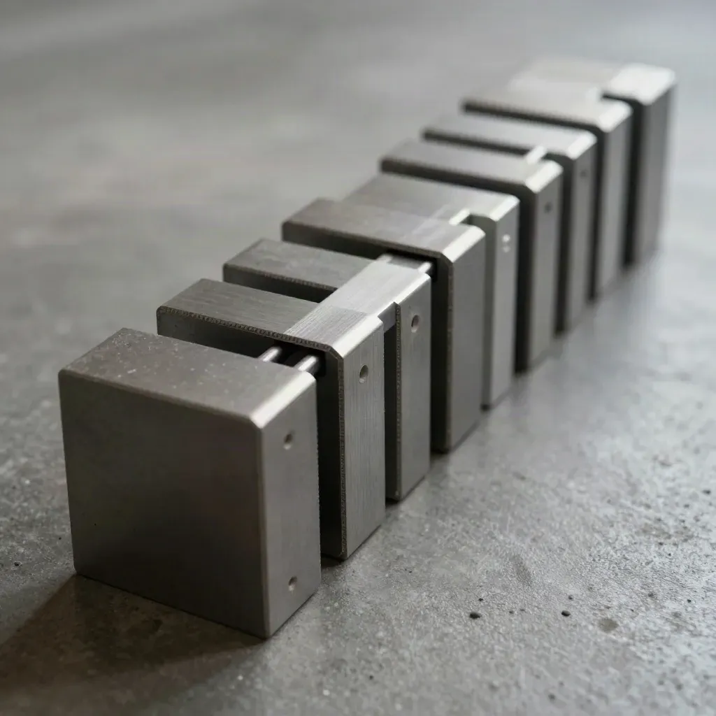 Linear modular metal blocks and connector bar aligned on dark concrete under soft skimming light.