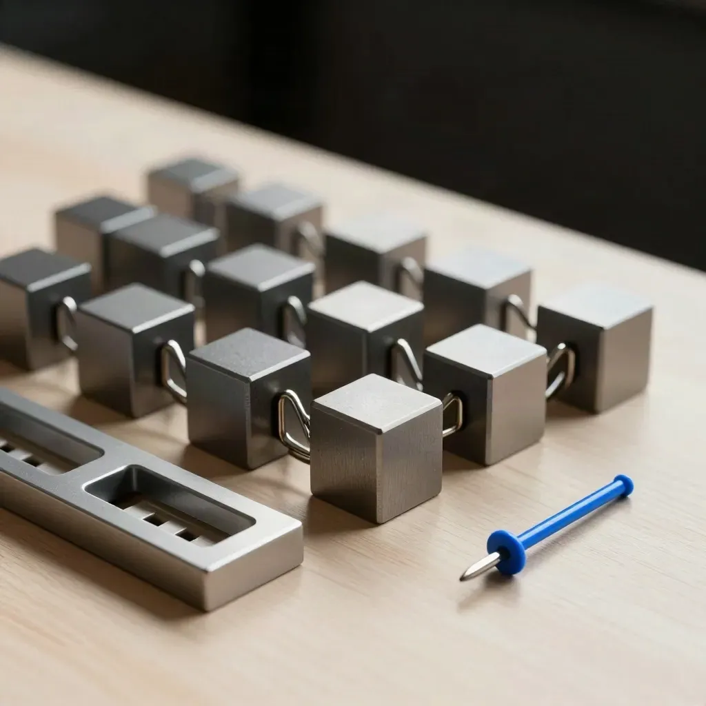 Graphite modular cubes and linked clips on pale wood with a blue accent.