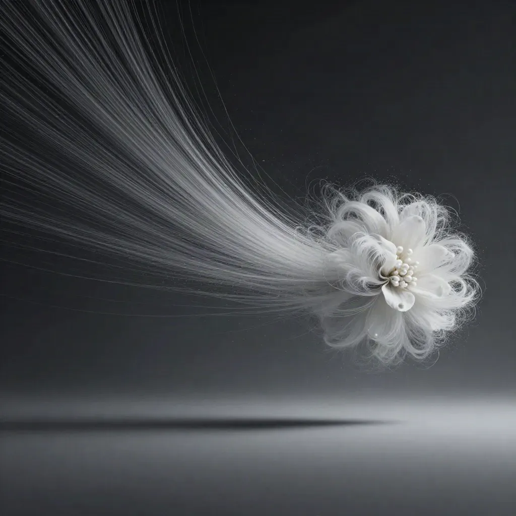 Abstract silver particle streams converge into a soft white bloom in dark graphite haze.
